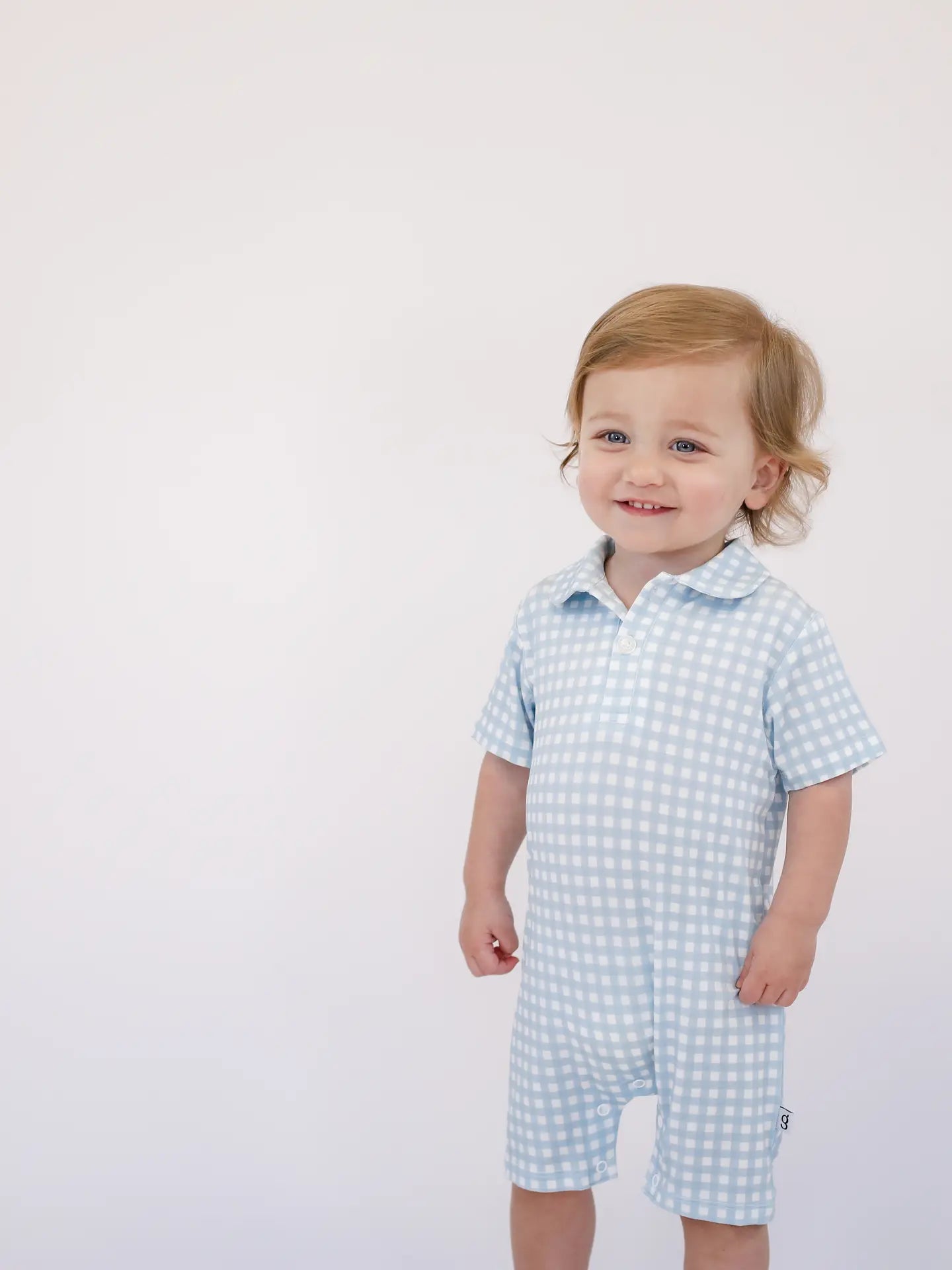 Short Sleeve Polo Romper - Blue Gingham