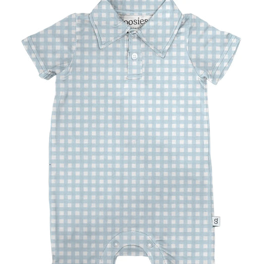 Short Sleeve Polo Romper - Blue Gingham
