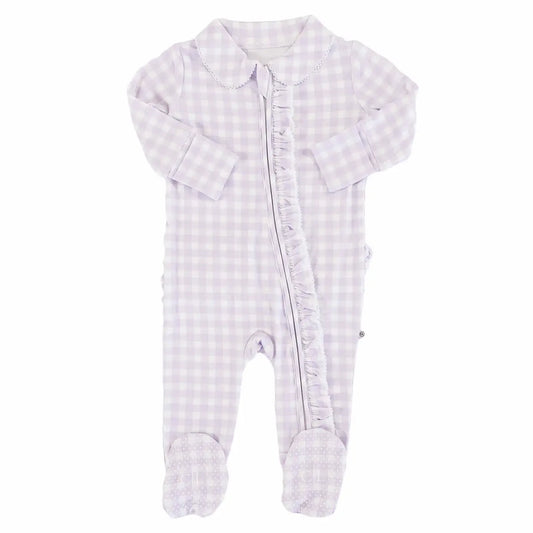 Peter Pan Collar Ruffle Zipper Footie | Lilac Gingham