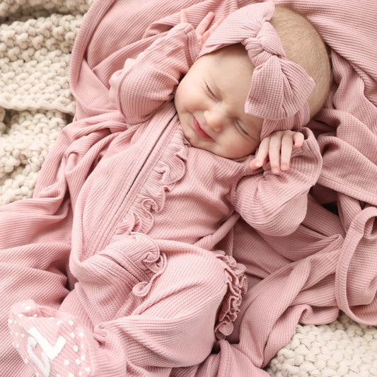 Vintage Rose Bamboo Waffle Zipper Ruffle Footie