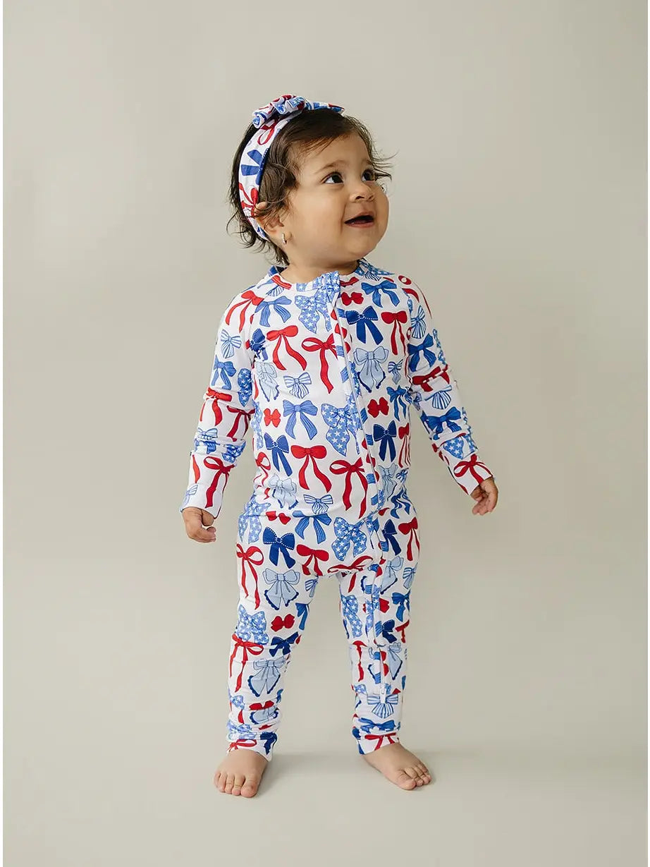 Bamboo Zip Romper | Red - White & Bows