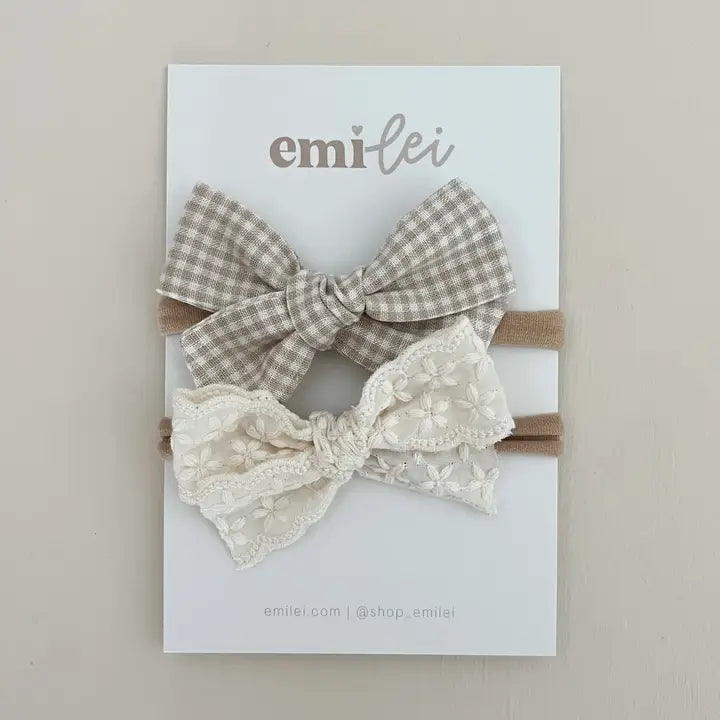 Nylon Stretchy Bow Headband Set - Taupe Mini Check/ Linen Lace