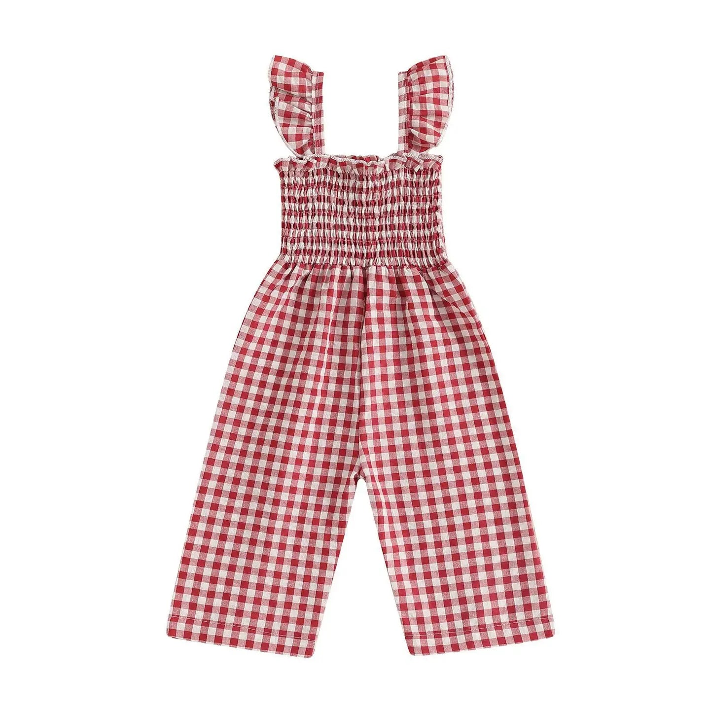 Flutter Sleeve Cotton Jumpsuit - Red Gingham