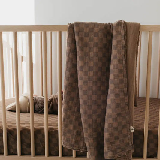 Muslin Crib Sheet | Faded Brown Checkerboard