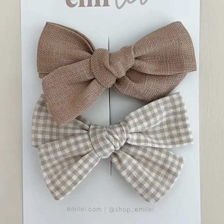 Alligator Clip Bow Set - Taupe Linen/ Mini Check