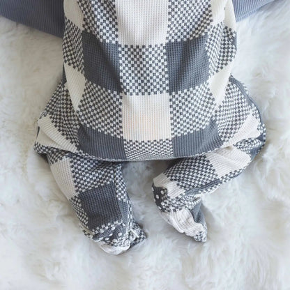 Big Check Bamboo Waffle Zipper Footie | Denim