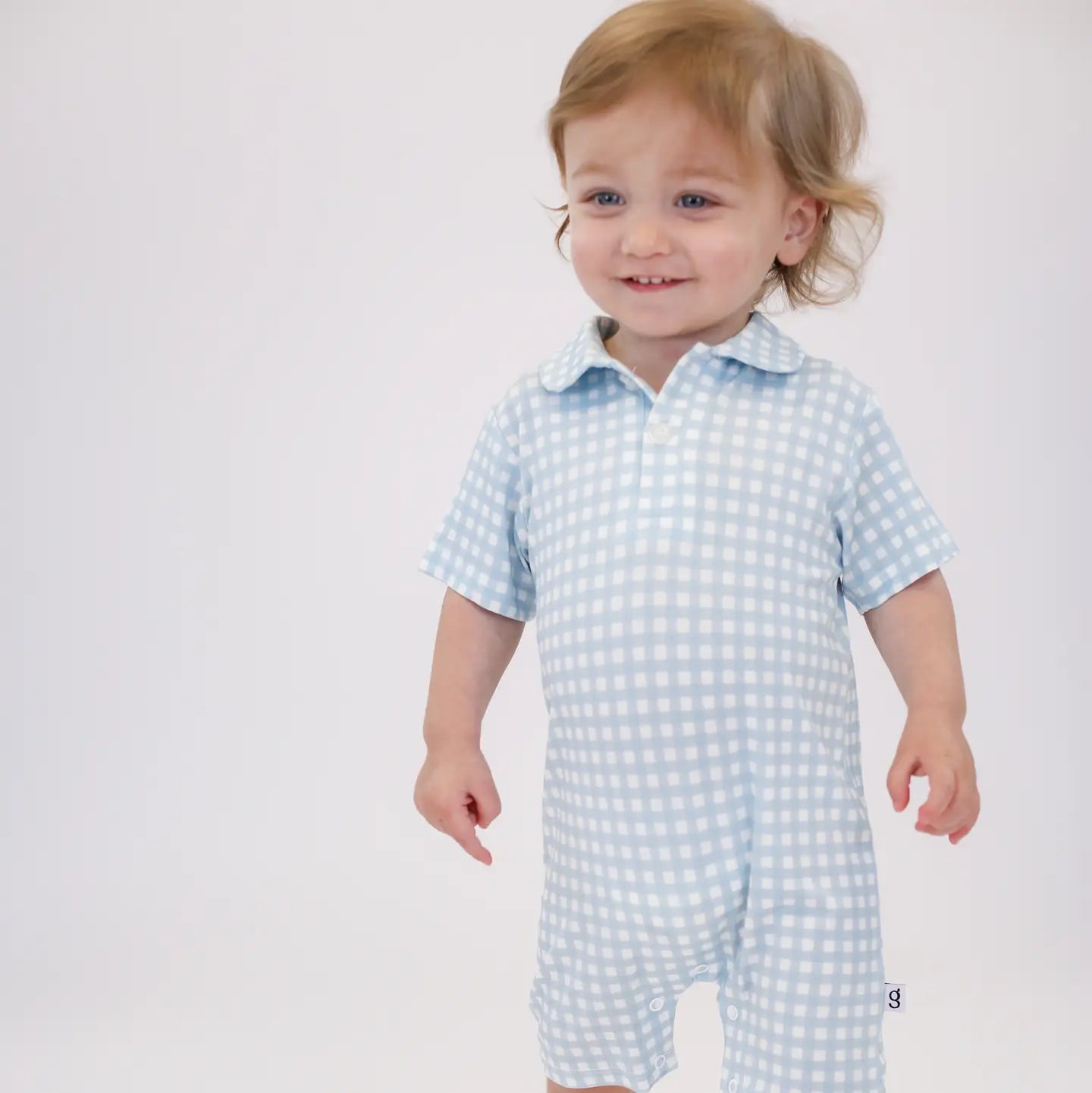 Short Sleeve Polo Romper - Blue Gingham