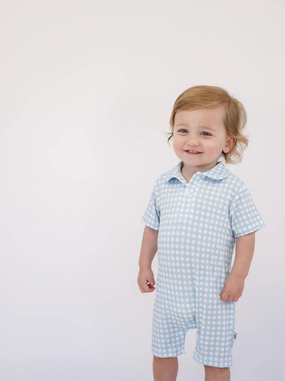Short Sleeve Polo Romper - Blue Gingham