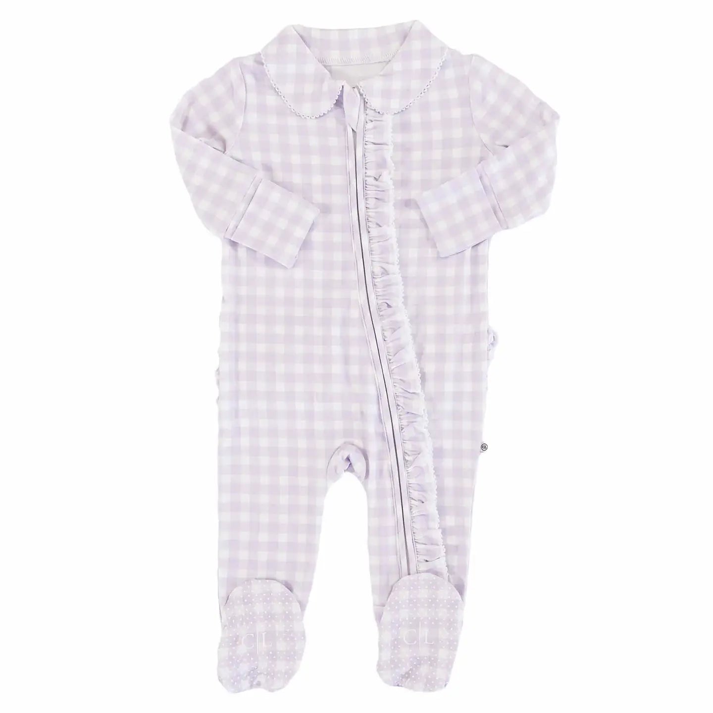 Peter Pan Collar Ruffle Zipper Footie | Lilac Gingham