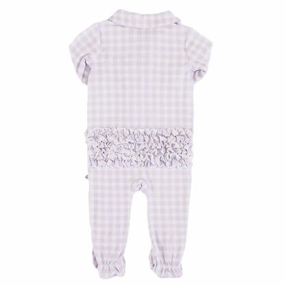 Peter Pan Collar Ruffle Zipper Footie | Lilac Gingham