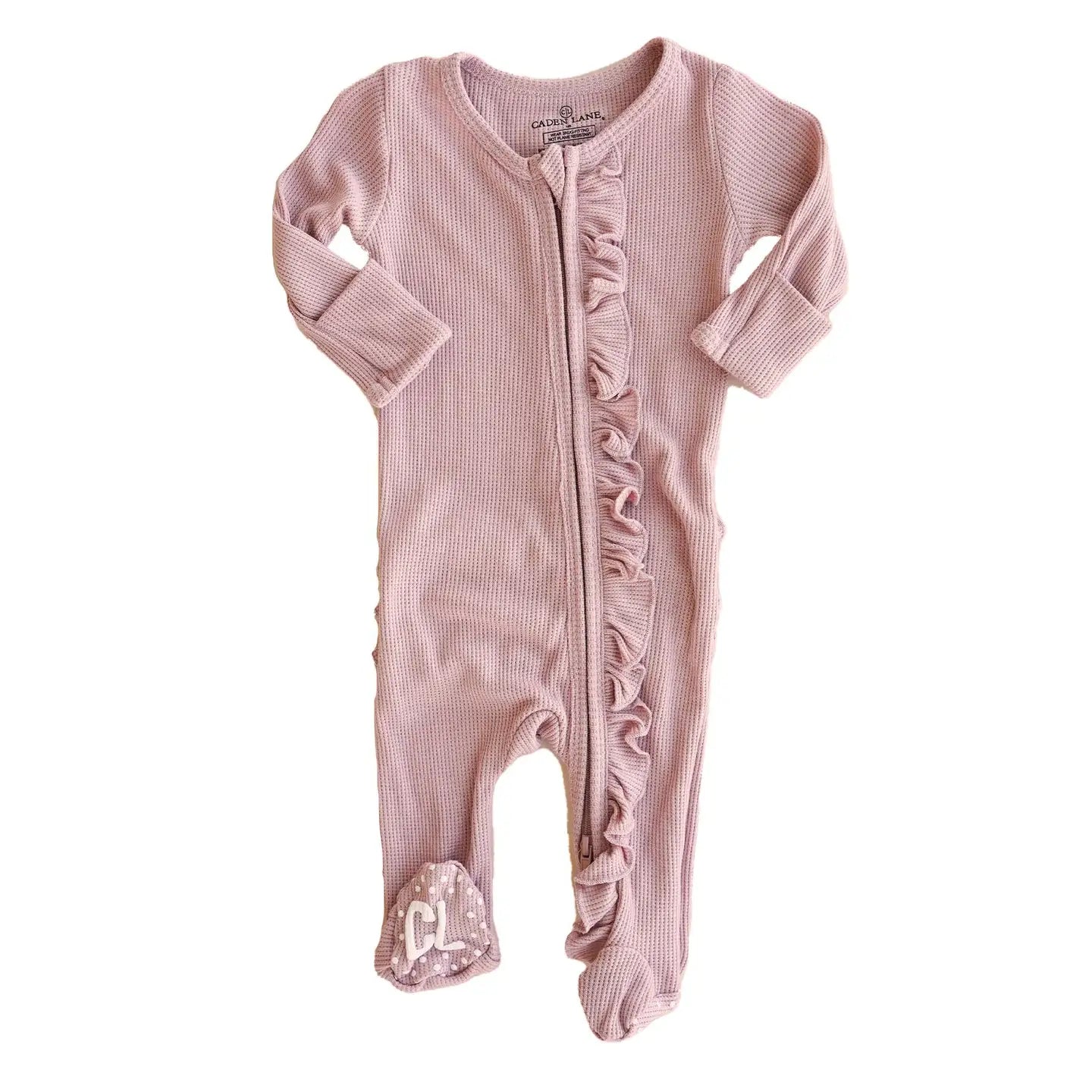 Vintage Rose Bamboo Waffle Zipper Ruffle Footie