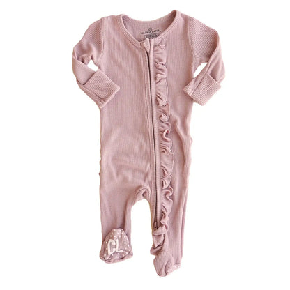 Vintage Rose Bamboo Waffle Zipper Ruffle Footie