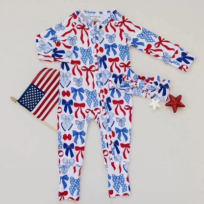 Bamboo Zip Romper | Red - White & Bows