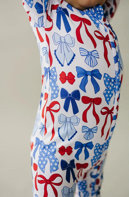 Bamboo Zip Romper | Red - White & Bows
