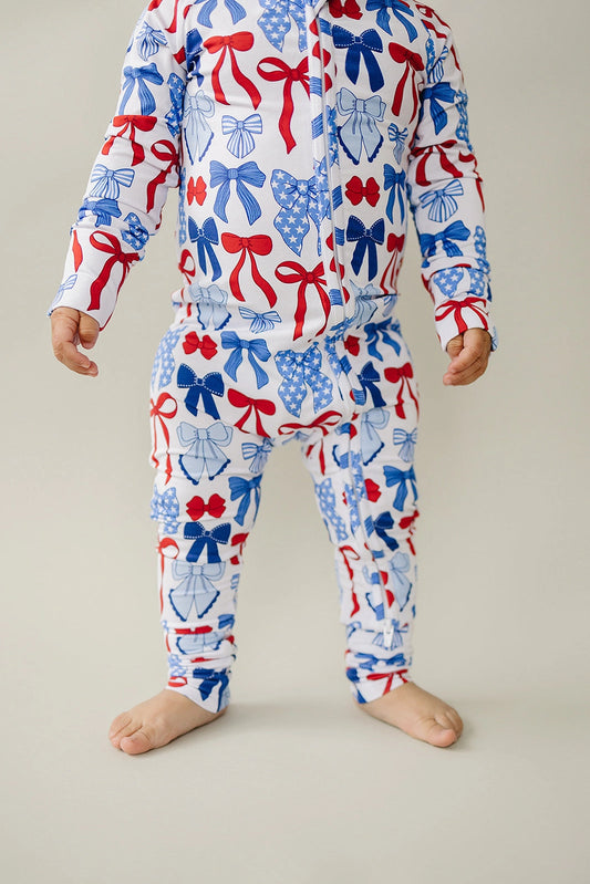 Bamboo Zip Romper | Red - White & Bows