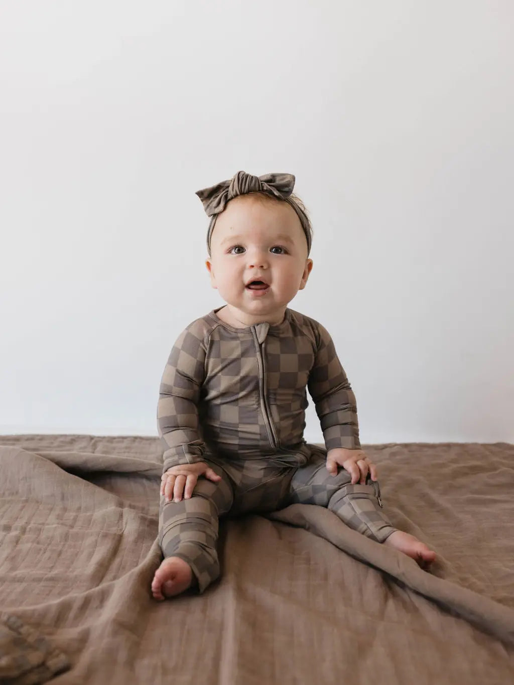 Bamboo Zip Pajamas | Faded Brown Checkerboard