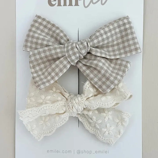 Alligator Clip Bow Set - Taupe Mini Check & Linen Lace