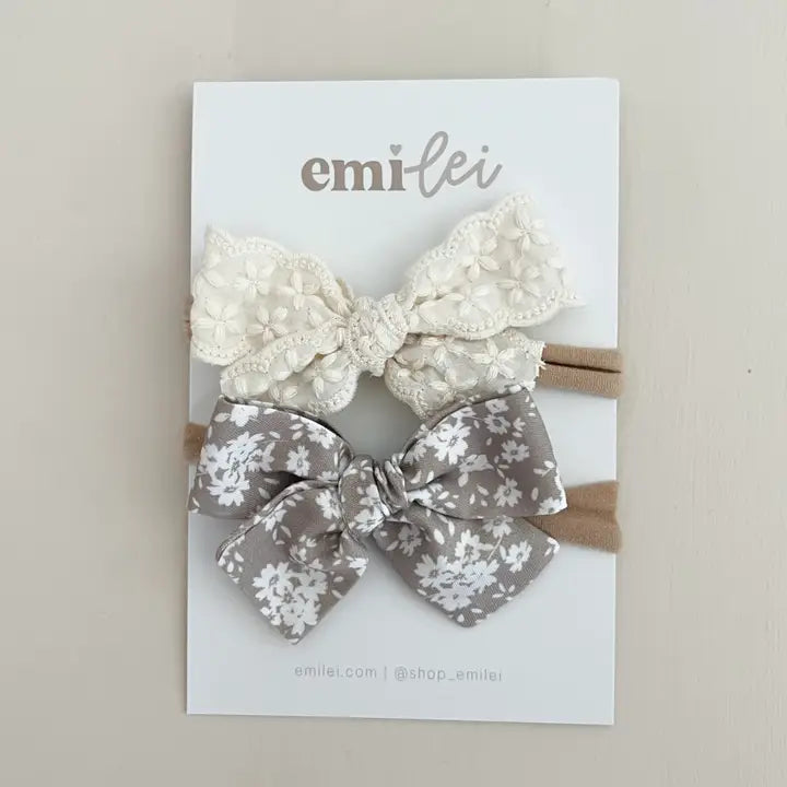 Nylon Stretchy Bow Headband Set - Linen Lace/ Neutral Floral