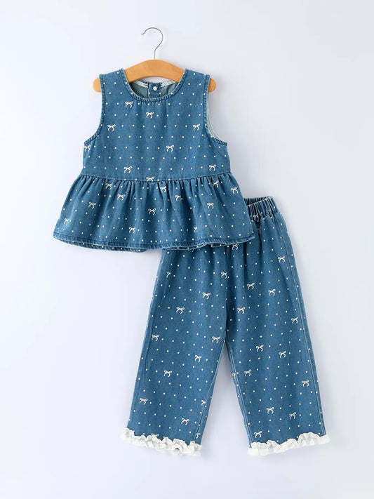 Spring Bow Dot Denim Ruffle Top and Pants Set