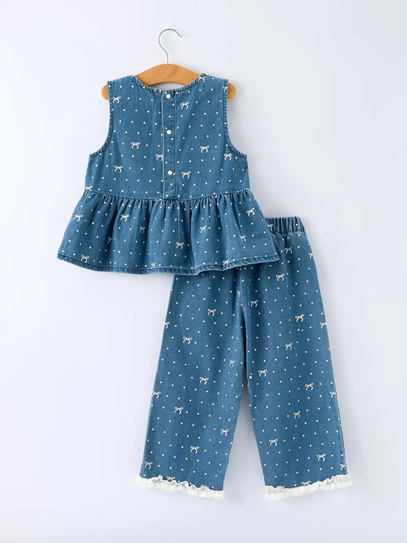Spring Bow Dot Denim Ruffle Top and Pants Set