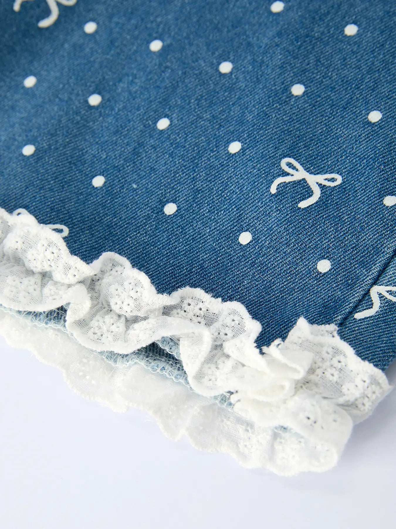 Spring Bow Dot Denim Ruffle Top and Pants Set