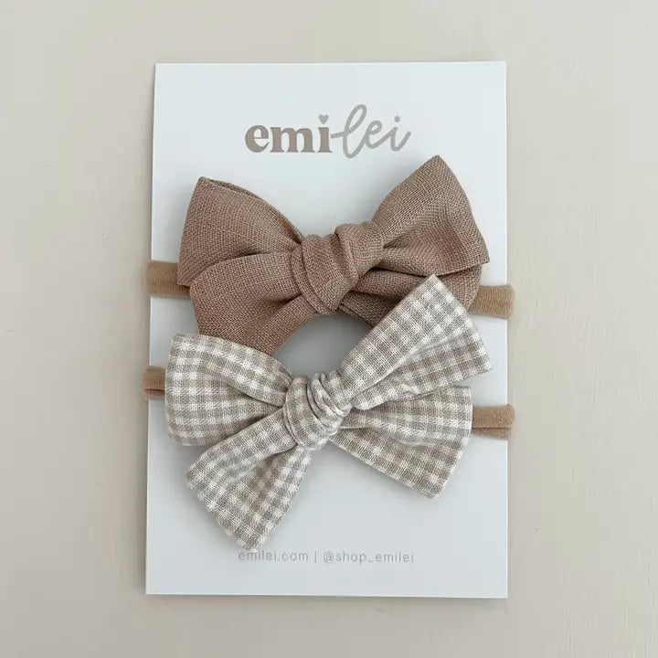Nylon Stretchy Bow Headband Set - Taupe Linen/ Mini Check