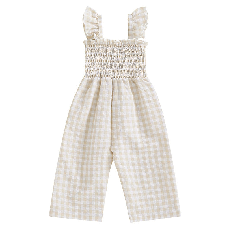 Flutter Sleeve Cotton Jumpsuit - Apricot Gingham