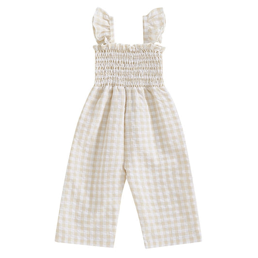 Flutter Sleeve Cotton Jumpsuit - Apricot Gingham