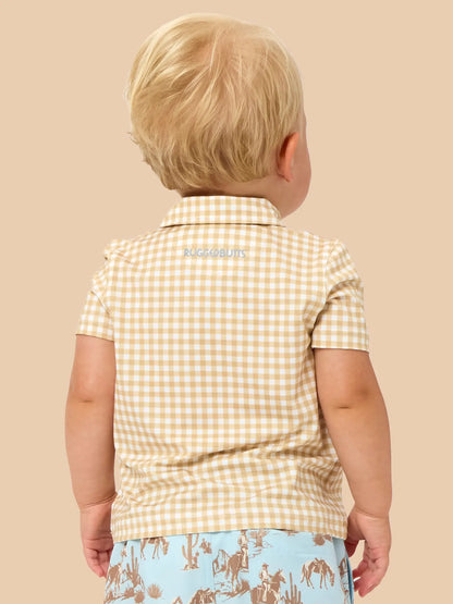 Boys Khaki Mini Gingham Knit Short Sleeve Performance Polo