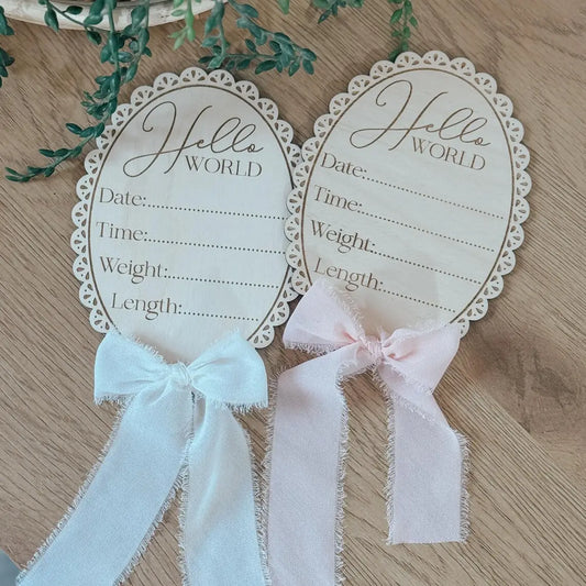 Hello World Baby Birth Announcement Sign – Vintage Inspired (White)